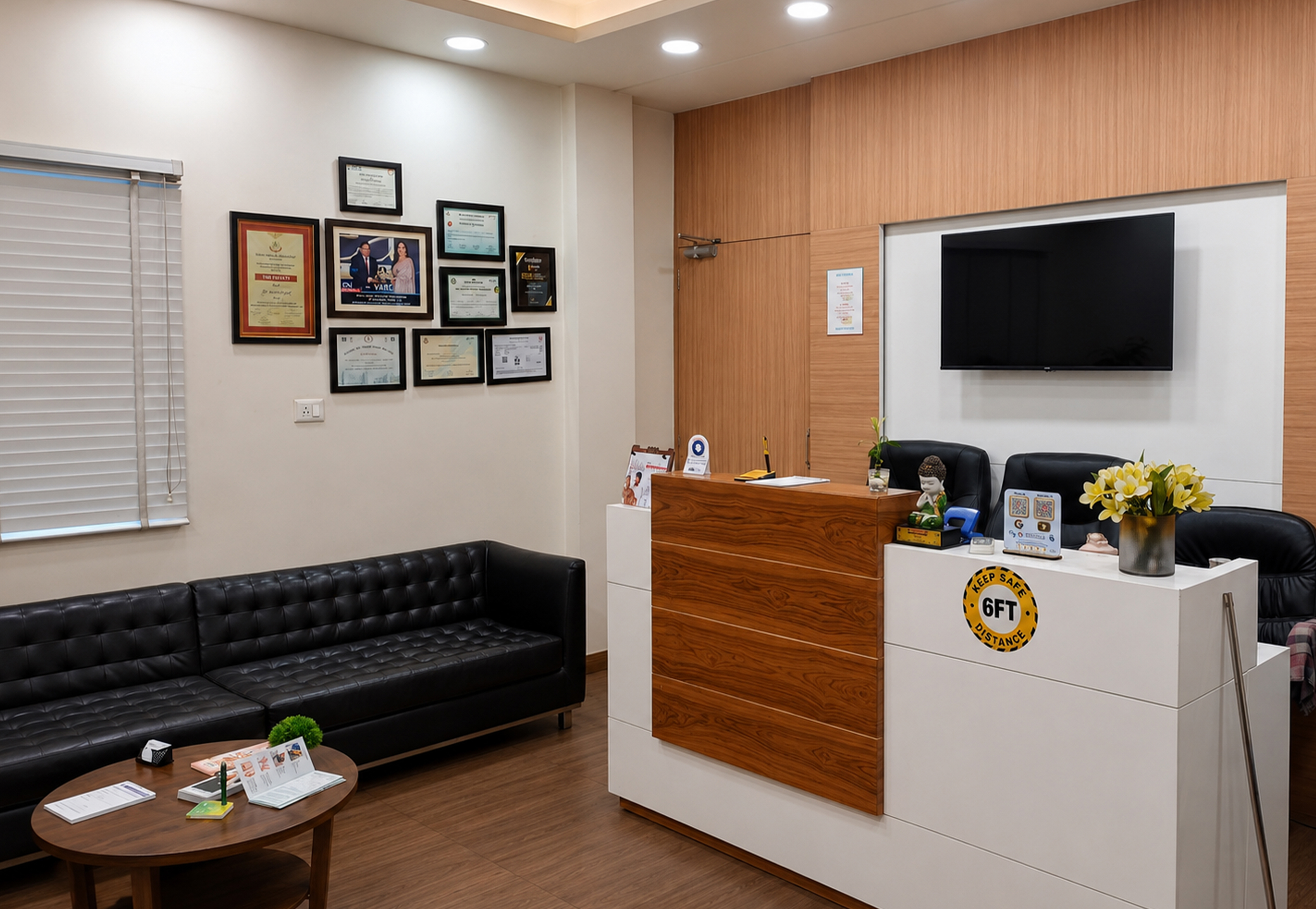 PA clean, modern medical clinic reception area with a wooden front desk, black waiting sofa, wall-mounted television, framed certificates, a coffee table with brochures, and a vase of flowers on the counter